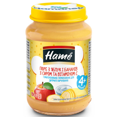 Дитяче пюре Hame Яблуко та банан з сиром, з 4 міс., 190 г Дитяче пюре Hame Яблуко та банан з сиром, з 4 міс., 190 г
