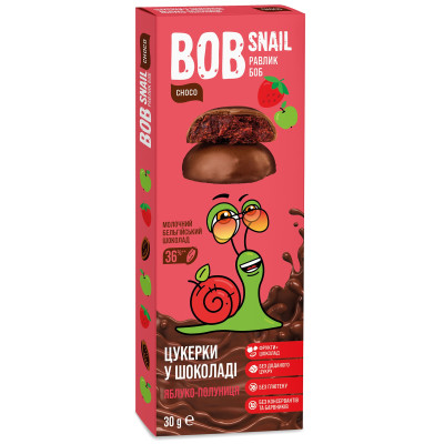 Цукерки натуральні яблучно-полуничні в молочному шоколаді Равлик Боб, з 3 років, 30 г Цукерки натуральні яблучно-полуничні в молочному шоколаді Равлик Боб, з 3 років, 30 г