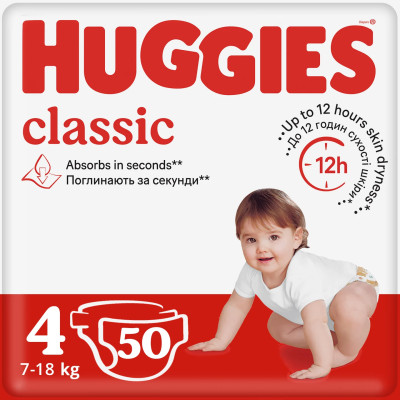 Підгузки Huggies Classic, розмір 4, 7-18 кг, 50 шт. Підгузки Huggies Classic, розмір 4, 7-18 кг, 50 шт.