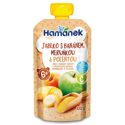 Дитяче пюре Hamanek з яблук, бананів, абрикосів та полентою, з 6 міс., 100 г Дитяче пюре Hamanek з яблук, бананів, абрикосів та полентою, з 6 міс., 100 г