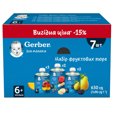 Набір фруктових пюре Gerber, 6 міс., 7 шт. по 90 г Набір фруктових пюре Gerber, 6 міс., 7 шт. по 90 г