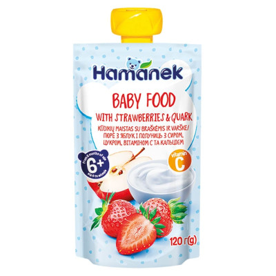 Дитяче пюре Hamanek з яблук і полуниць, з сиром, з 6 міс., 120 г Дитяче пюре Hamanek з яблук і полуниць, з сиром, з 6 міс., 120 г