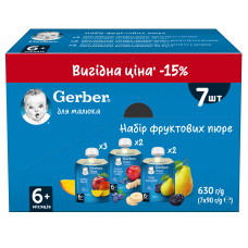 Набір фруктових пюре Gerber, 6 міс., 7 шт. по 90 г