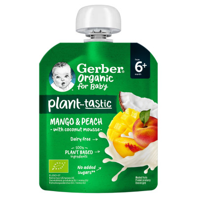 Органічне фруктове пюре Gerber Organic Манго, персик та кокосовий мус, з 6 міс., 80 г Органічне фруктове пюре Gerber Organic Манго, персик та кокосовий мус, з 6 міс., 80 г