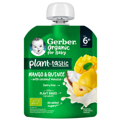 Органічне фруктове пюре Gerber Organic Манго, айва та кокосовий мус, з 6 міс., 80 г Органічне фруктове пюре Gerber Organic Манго, айва та кокосовий мус, з 6 міс., 80 г