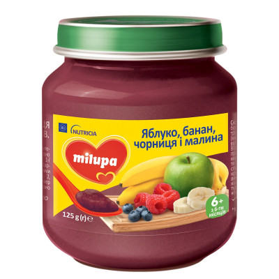 Фруктове пюре Milupa Яблуко, банан, чорниця і малина, з 6 міс., 125 г Фруктове пюре Milupa Яблуко, банан, чорниця і малина, з 6 міс., 125 г