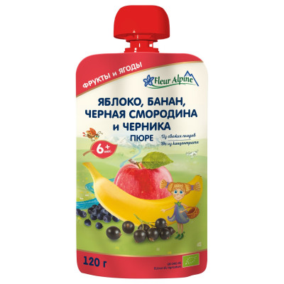 Фруктове пюре Fleur Alpine з яблука, банана, чорної смородини та чорниці, з 6 міс., 120 г в Ровном Фруктове пюре Fleur Alpine з яблука, банана, чорної смородини та чорниці, з 6 міс., 120 г в Ровном