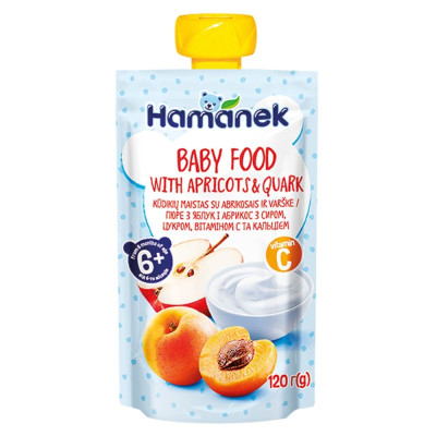 Дитяче пюре Hamanek з яблук і абрикос, з сиром, з 6 міс., 120 г Дитяче пюре Hamanek з яблук і абрикос, з сиром, з 6 міс., 120 г