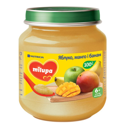Фруктове пюре Milupa Яблуко, манго і банан, з 6 міс., 125 г Фруктове пюре Milupa Яблуко, манго і банан, з 6 міс., 125 г