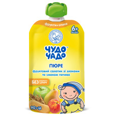 Фруктове пюре Чудо-Чадо Груша, яблуко, персик зі злаками та смаком печива, з 6 міс., 90 г Фруктове пюре Чудо-Чадо Груша, яблуко, персик зі злаками та смаком печива, з 6 міс., 90 г