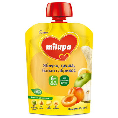 Фруктове пюре Milupa Яблуко, груша, банан і абрикос, з 6 міс., 80 г Фруктове пюре Milupa Яблуко, груша, банан і абрикос, з 6 міс., 80 г