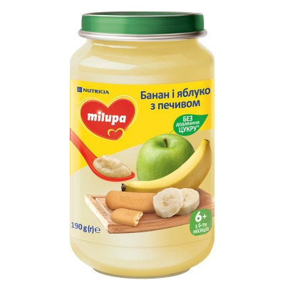 Фруктове пюре Milupa Банан і яблуко з печивом, з 6 міс., 190 г Фруктове пюре Milupa Банан і яблуко з печивом, з 6 міс., 190 г