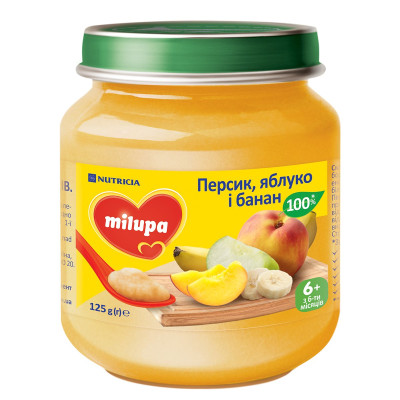 Фруктове пюре Milupa Персик, яблуко і банан, з 6 міс., 125 г Фруктове пюре Milupa Персик, яблуко і банан, з 6 міс., 125 г
